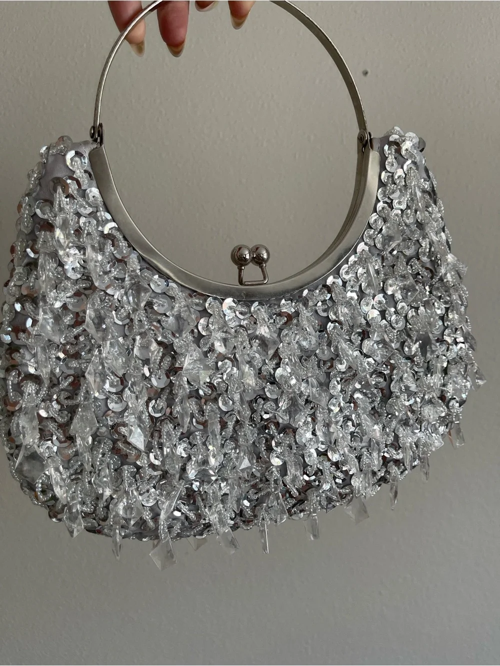 Silver Sequin Ring-Handle Evening Bag